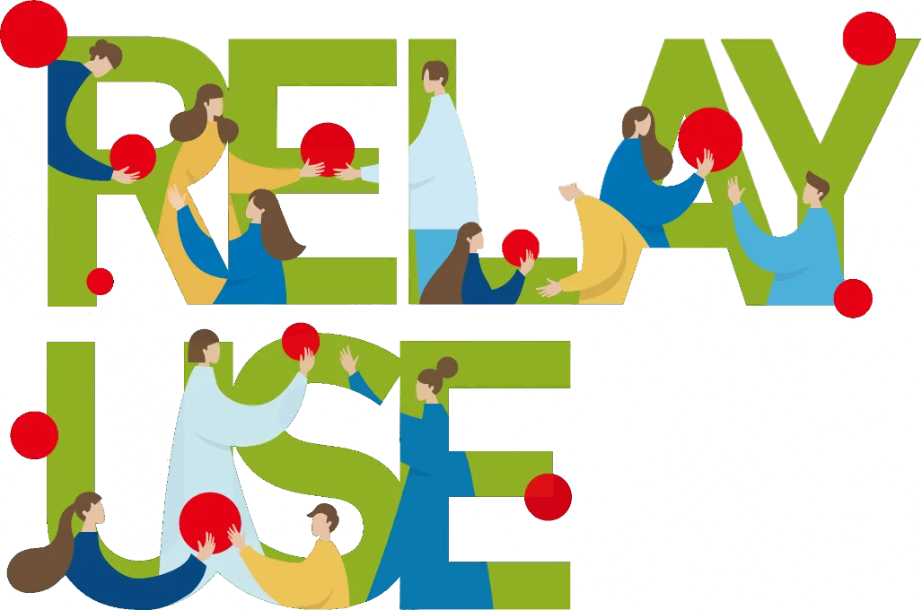 「RELAY USE」という文字の周りで、人々が赤いボールをバトンのように手渡ししているイラスト。
